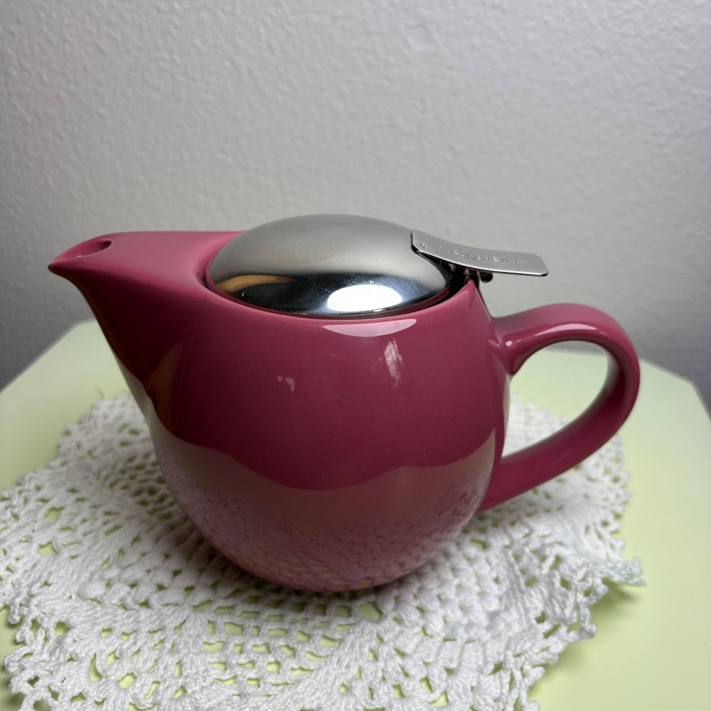 HuesNBrews Pink Personal Teapot Modern Minimalist Ceramic Stainless Steel